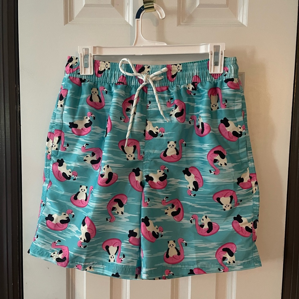 Panda on floaty swim shorts